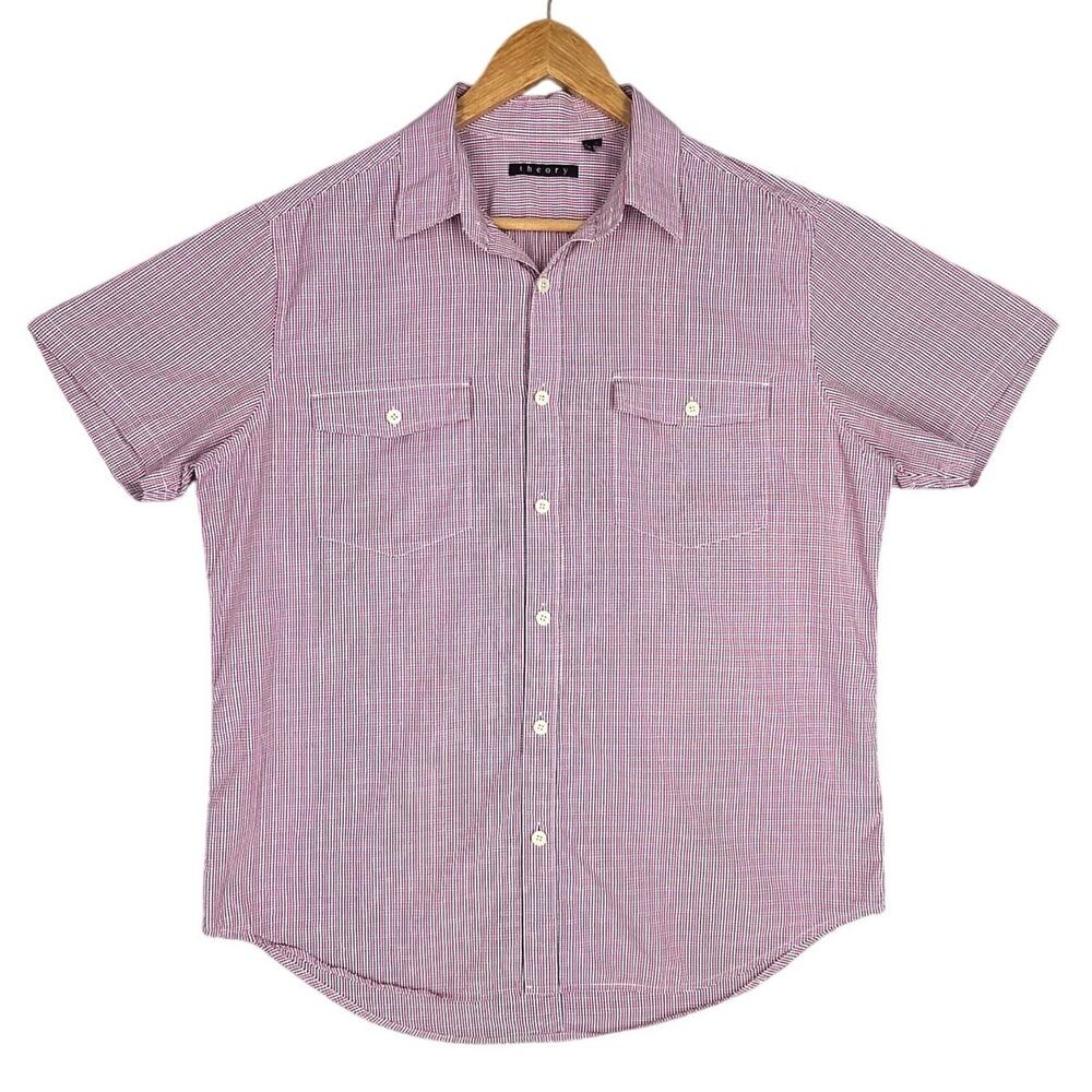 THEORY REYNOLD S. VECTOR SHIRT – MEN’S L – RED/BLUE CHECK – 100% COTTON